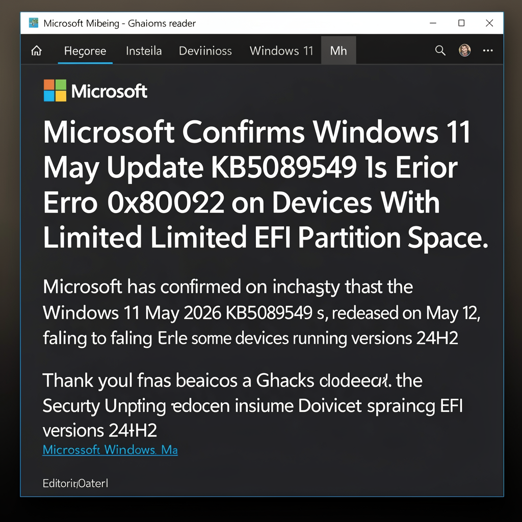 Microsoft Confirms Windows 11 May Update KB5089549 Fails With Error 0x800f0922 on Devices With Limited EFI Partition Space
