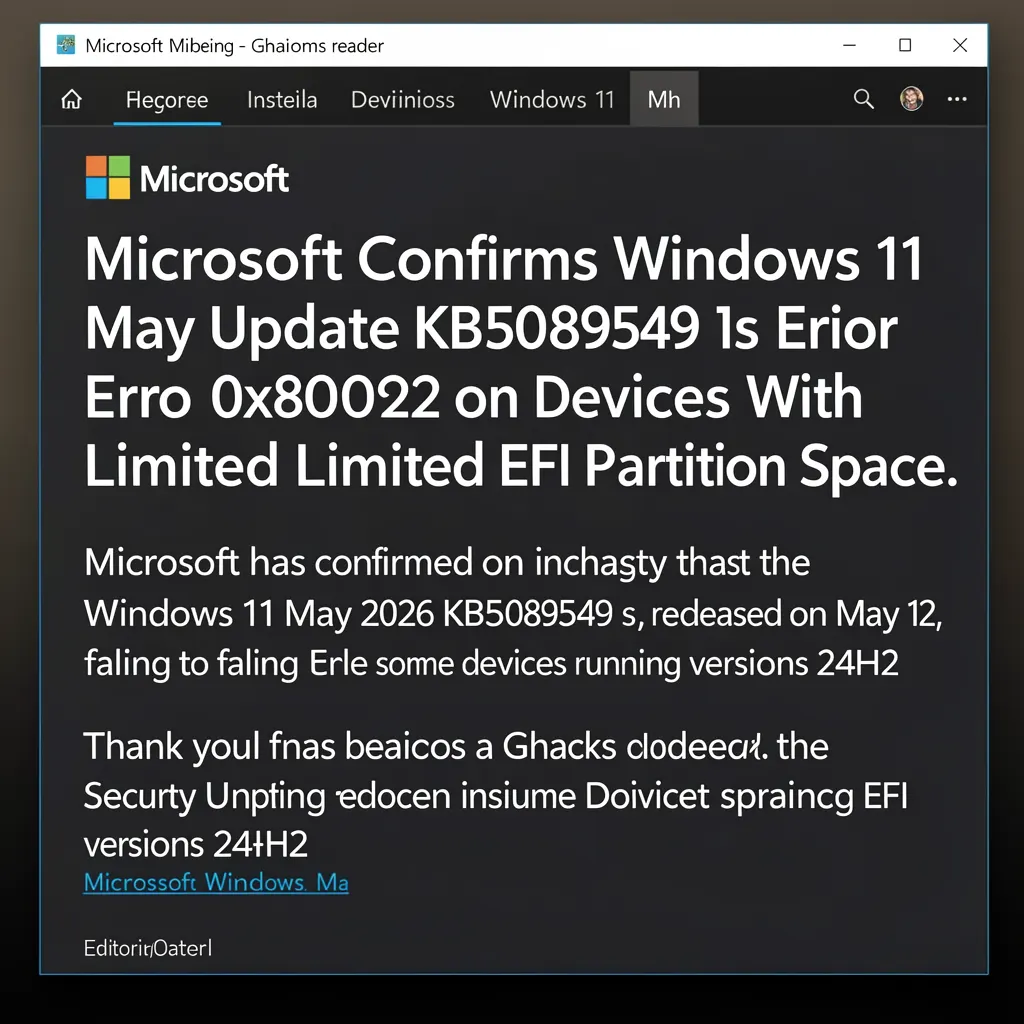 Microsoft Confirms Windows 11 May Update KB5089549 Fails With Error 0x800f0922 on Devices With Limited EFI Partition Space