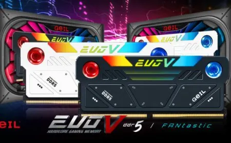 The GeIL EVO V DDR5 memory kit features dual-fan active cooling and RGB lighting.