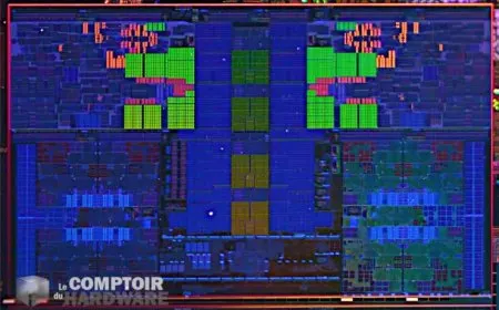Die shot of an early Intel 14th Gen Meteor Lake processor sample featuring Redwood Cove and Crestmont cores.