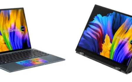 The ASUS Zenbook 14 laptop is shown with Intel and AMD processor options.