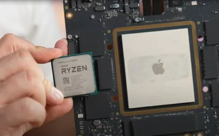 Physical die size comparison between the Apple M1 Ultra chip and AMD Ryzen processors.