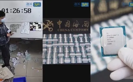 A suspect displays 160 Intel processors attached to his torso during a customs arrest.
