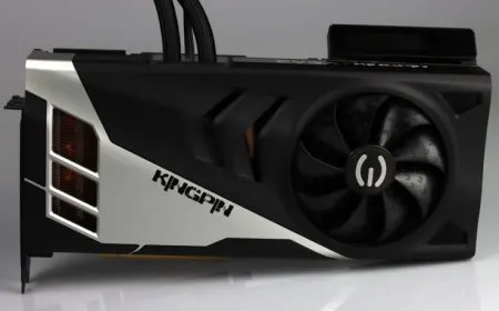 The EVGA GeForce RTX 3090 Ti KINGPIN graphics card features a hybrid cooling system and an exposed circuit board.