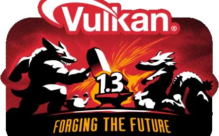 NVIDIA, AMD, and Intel logos with Vulkan 1.3 API logo and text announcing day one driver support for Windows and Linux.