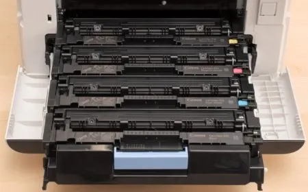 A Canon toner cartridge sits next to a printer screen that displays a warning message.