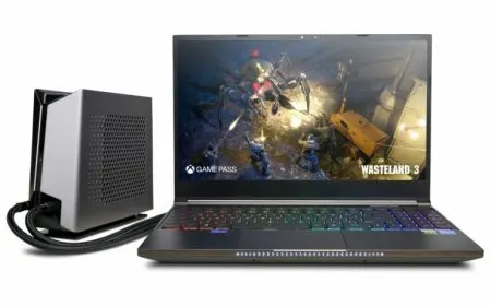 CyberPowerPC Tracer VI Edge Pro Liquid Cool laptop with external liquid cooling system