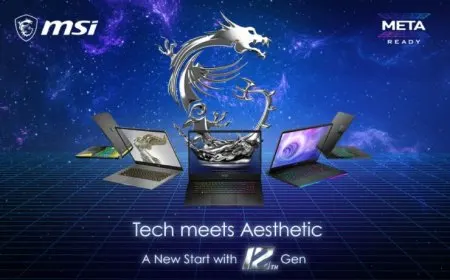 MSI gaming and creator laptops are displayed at CES 2022 with Intel Alder Lake processors and NVIDIA RTX 30 series graphics.