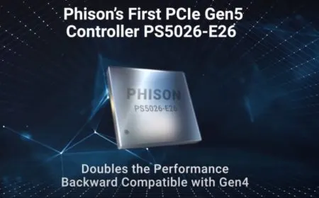 Phison PCIe Gen 5.0 E26 SSD controller chip with speeds exceeding 10 GB/s.