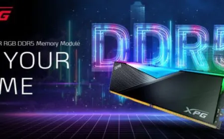 An ADATA XPG LANCER DDR5 memory module provides up to 16 gigabytes of capacity and 5200 Mbps transfer speed.