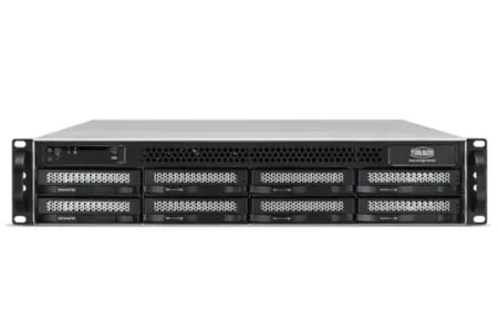 The device shown is a TerraMaster eight bay rackmount network attached storage unit for business and government use.