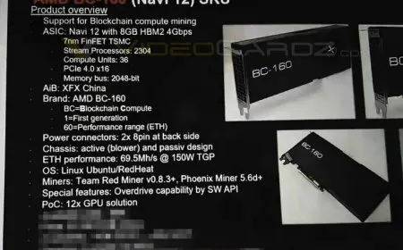 The AMD XFX BC-160 cryptocurrency mining GPU is leaked with up to 72 MH/s Ethereum hashrate.
