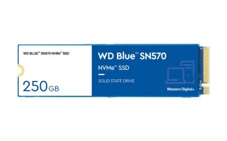 The Western Digital WD Blue SN570 NVMe SSD sits beside its retail packaging.