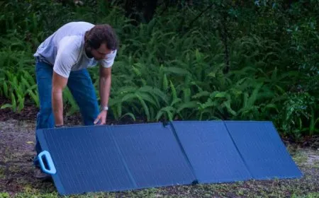 Bluetti PV120 and PV200 solar panels are arranged side by side for display.