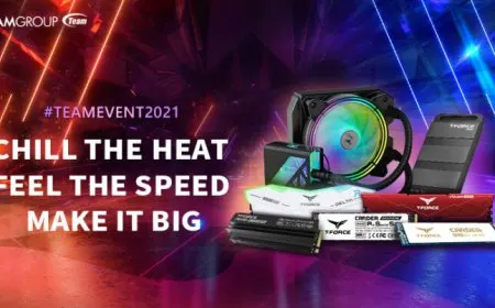 TeamGroup displays T-Force DELTA RGB and Vulcan DDR5 memory alongside Cardea Liquid II AIO-cooled and PCIe Gen 4 NVMe SSDs.