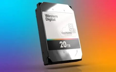 A Western Digital 20 terabyte mechanical hard drive featuring OptiNAND technology is displayed.