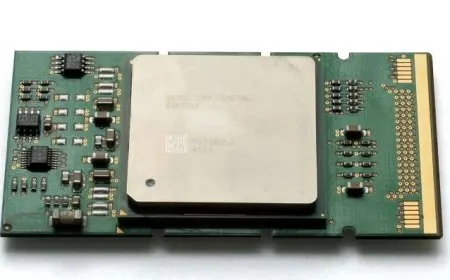 The image displays a close-up view of an Intel Itanium 64-bit processor chip.