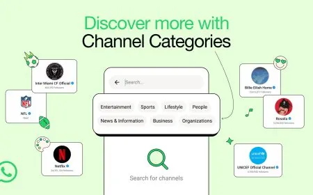 The interface displays WhatsApp's native channel directory with categorized broadcast accounts in the Updates tab.