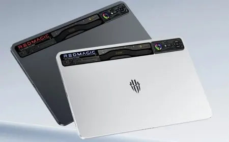 The Redmagic gaming tablet features an angular chassis, visible cooling vents, and dedicated gaming buttons.