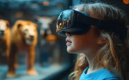Shield icons and content filters surrounding virtual reality headsets, illustrating child safety and censorship concerns.