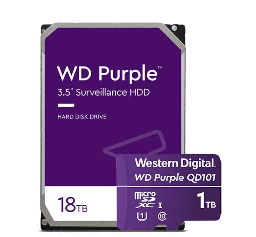 Western Digital displays the Purple 18TB hard drive and 1TB microSD card for continuous surveillance recording.