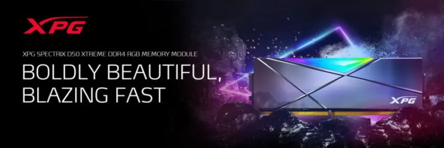 The XPG SPECTRIX D50 DDR4 RGB memory module features illuminated heat spreaders and supports 5000MHz clock speeds.