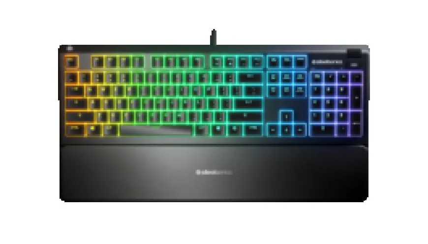SteelSeries Apex 3 keyboard features silent membrane switches and customizable RGB lighting.
