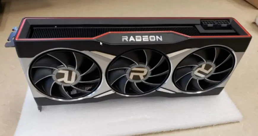 AMD Radeon RX 6900 graphics card with triple-fan cooling alongside RX 6800 and RX 6700 models with dual-fan designs.