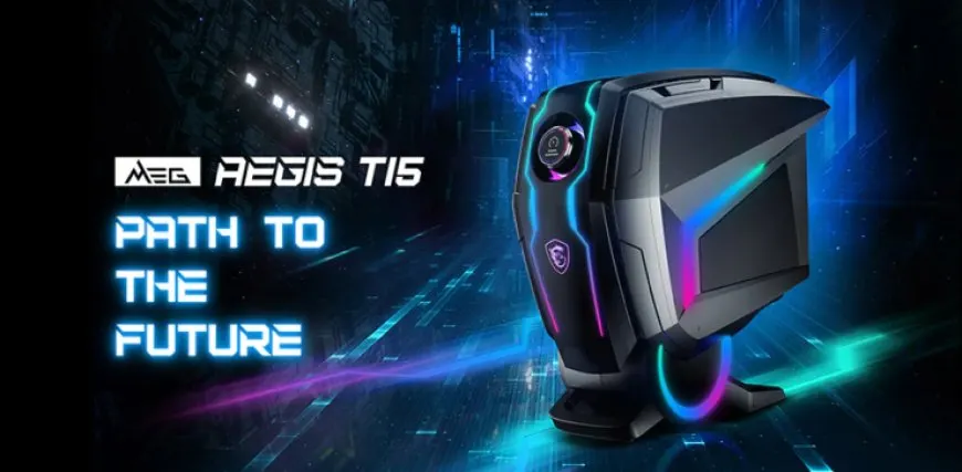 The MSI MEG Aegis Ti5 gaming PC chassis displays a prominent customization knob on its front panel.