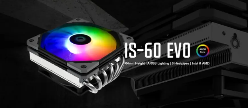 ID-COOLING IS-60 EVO ARGB low-profile CPU cooler featuring dual fans and a compact aluminum heatsink