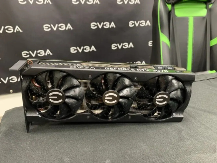 EVGA GeForce RTX 3070 XC3 graphics card shows 2.2 slot width, custom PCB, and dual 8-pin power connectors.