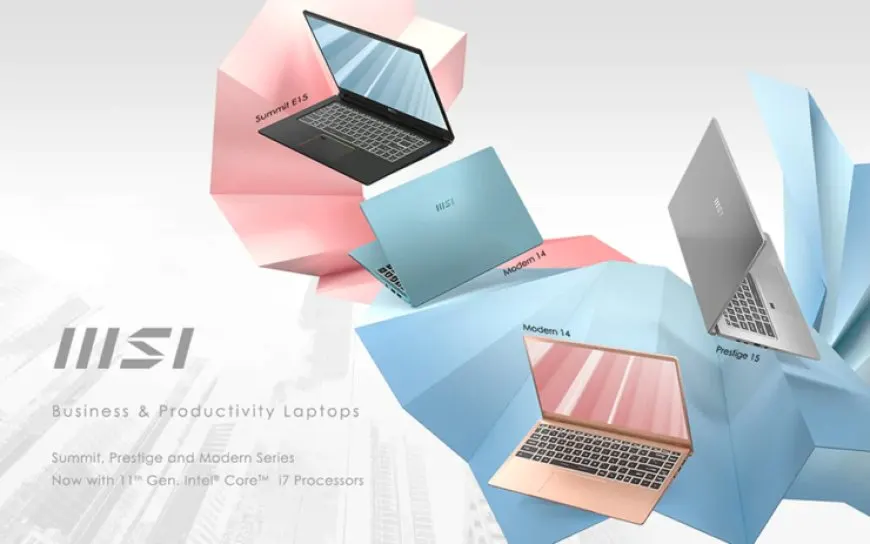 The display features the MSI business productivity lineup alongside the newly introduced minimalistic logo.