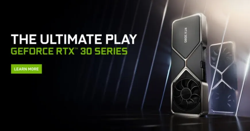 NVIDIA GeForce RTX 30 series graphics cards are shown in retail packaging.