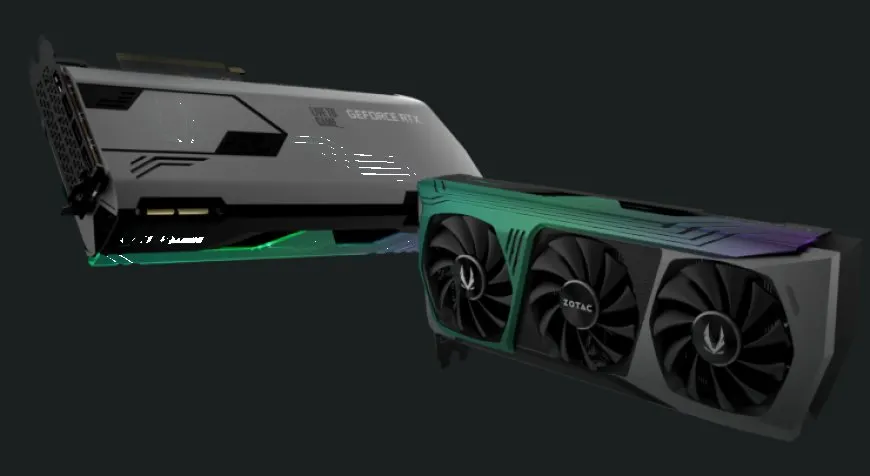 Zotac custom graphics cards for the GeForce RTX 3090, RTX 3080, and RTX 3070 are pictured.