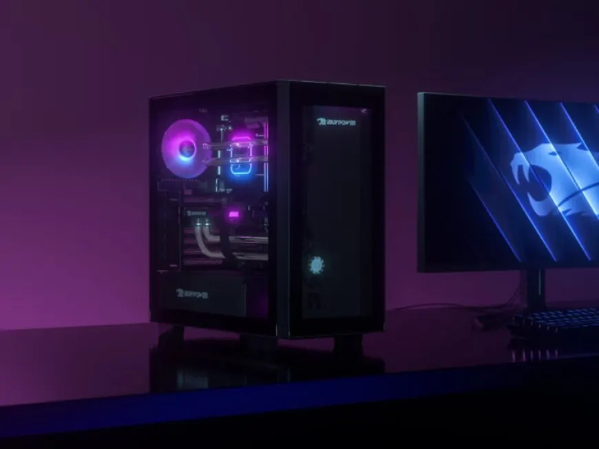 iBUYPOWER Element CL gaming PC with integrated front panel distro plate and hardline tubing.
