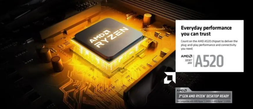This photo shows a lineup of entry level A520 motherboards from ASUS ASRock AORUS MSI and Biostar.