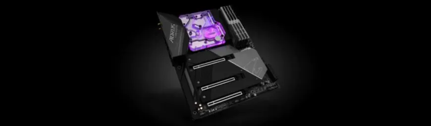 The EKWB Quantum Momentum Aorus Z490 Master CPU water block features an acetal top plate.