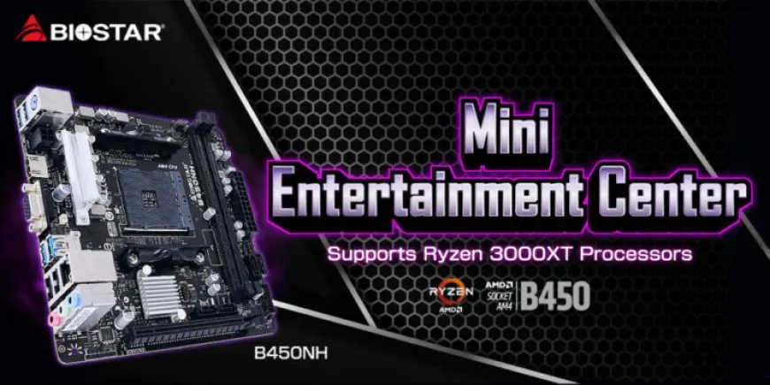 Biostar B450NH Mini-ITX motherboard designed for compact AMD Ryzen systems.