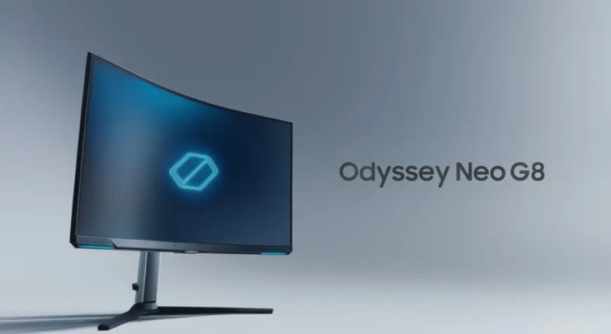 The Samsung Odyssey Neo G8 4K 240Hz gaming monitor displayed alongside the Odyssey Neo G7 and Odyssey G4.