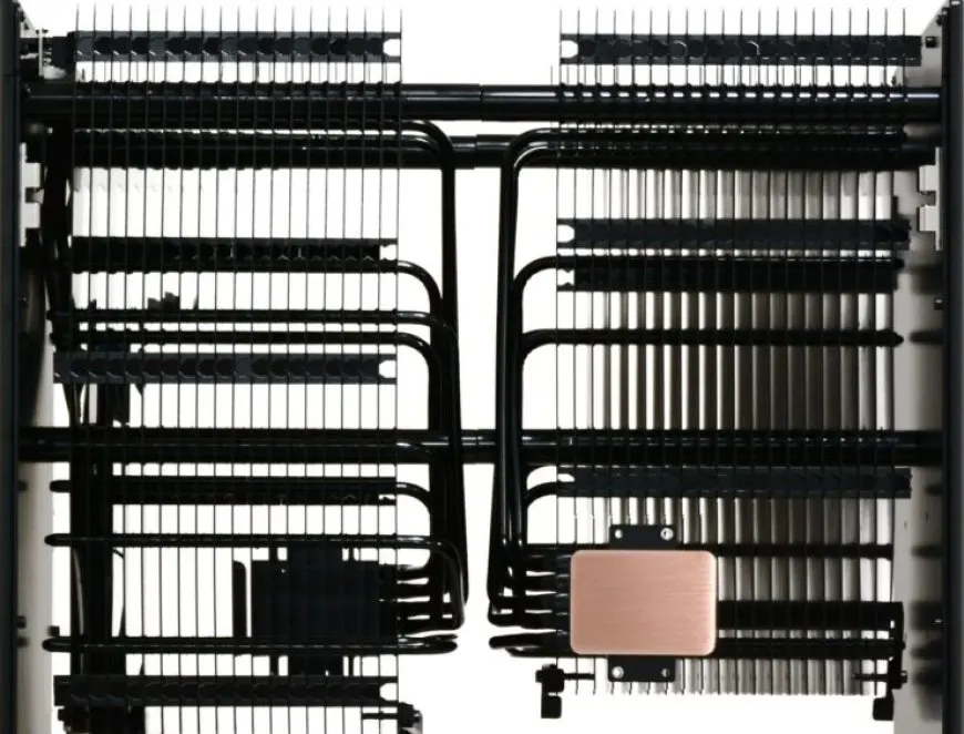 This fanless desktop computer features a passive cooling system with visible aluminum heatsink fins.