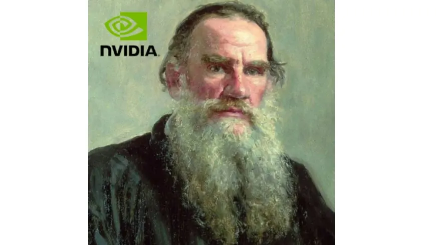 Technical diagram showing Tolstoy literature references integrated into NVIDIA CUDA code.