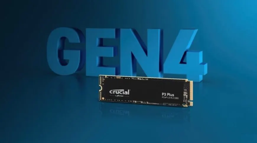The Crucial P3 and P3 Plus M.2 NVMe SSDs are displayed on a circuit board.