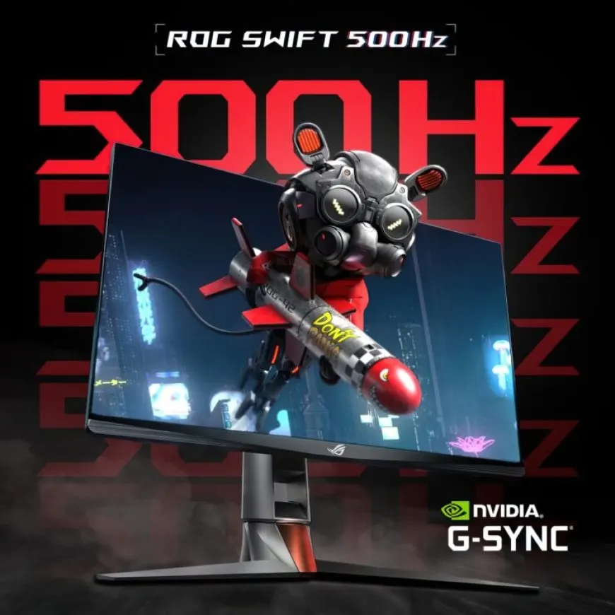 The ASUS ROG Swift 500 Hz gaming monitor features G-SYNC technology and Reflex Optimizer for competitive play.