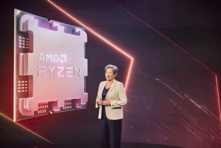 The AMD Computex 2022 keynote stage displays Ryzen 7000 processors, AM5 motherboards, and next generation graphics cards.