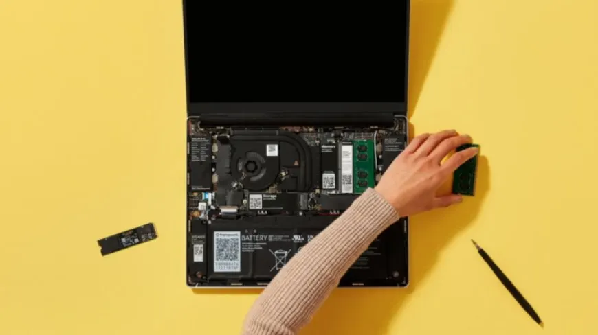 A Framework laptop motherboard displays Intel 12th generation processors and modular ports.