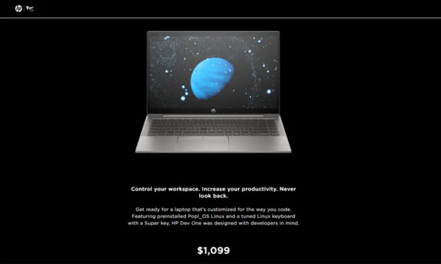 The HP Dev One laptop features AMD hardware and displays the Pop!_OS Linux desktop.