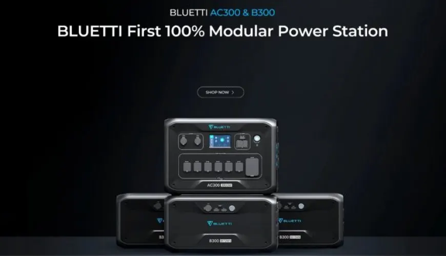 The BLUETTI AC300 inverter connects to multiple B300 modular battery units.