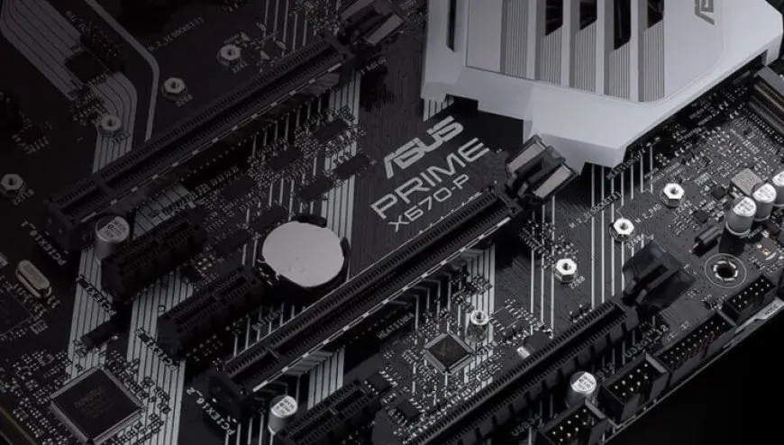 ASUS PRIME X670-P WIFI motherboard PCB with dual B650 chipsets and 14-phase VRM design for AMD Ryzen 7000 CPUs.