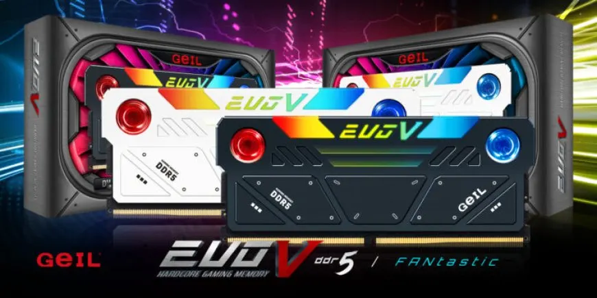 The GeIL EVO V DDR5 memory kit features dual-fan active cooling and RGB lighting.