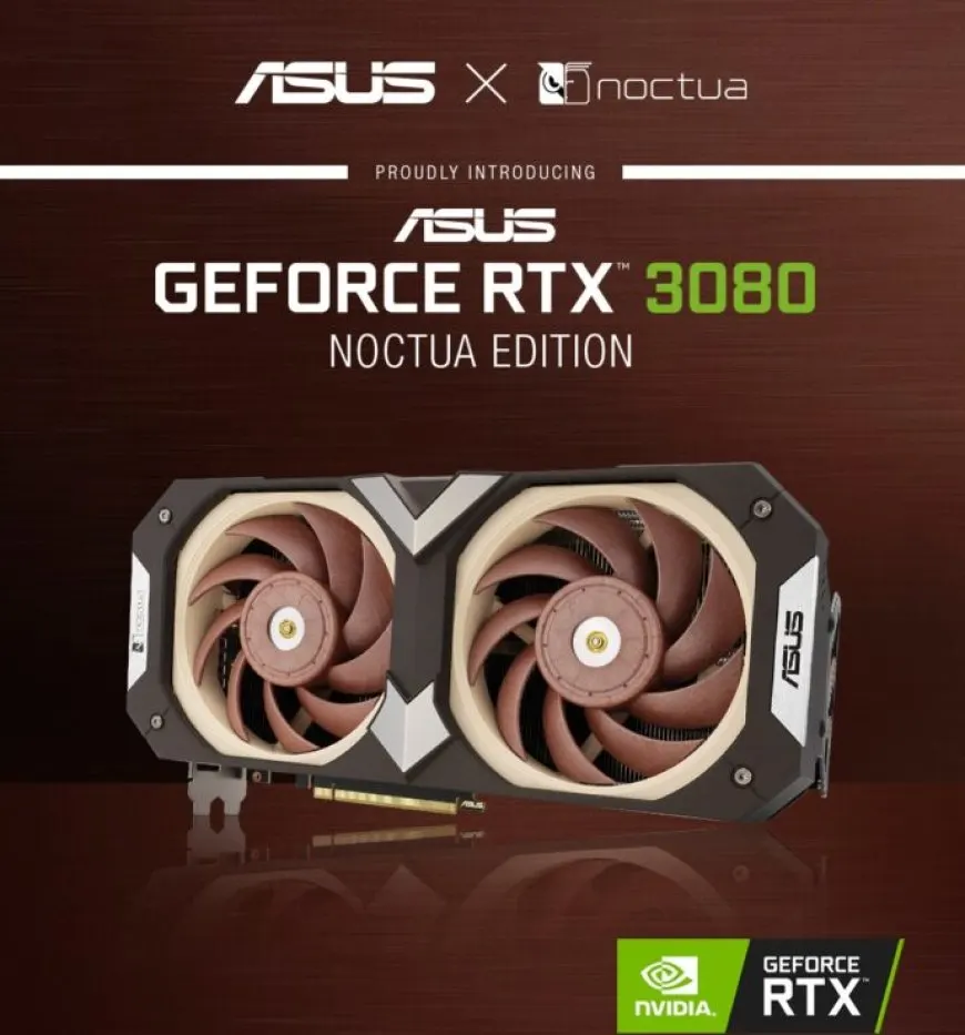 An ASUS GeForce RTX 3080 Noctua OC Edition graphics card features a large quad-slot heatsink and brown accents.
